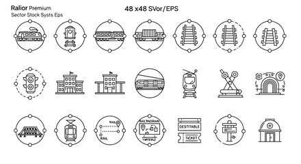 Sector and stock system circular linear icon collection. © GearUp