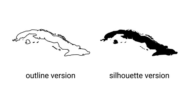 Cuba Map Outline and Silhouette: Two representations of the island nation of Cuba, one as a clean outline and the other as a solid silhouette, useful for design and illustration.