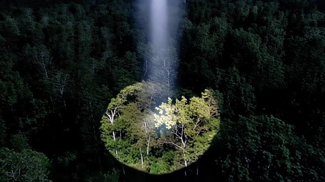 Helicopter spotlight scans forest canopy at night, search operation, missing person rescue, emergency patrol, wilderness surveillance, police support, wildfire watch, and public safety planning.