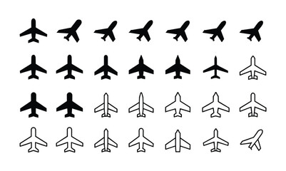 Fototapeta premium Airplane Icons Set: A collection of stylized airplane icons in various forms, from solid silhouettes to outlines, arranged in a grid format, representing flight and travel.