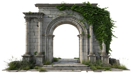 Obraz premium Ancient Stone Archway Ruins Covered in Green Ivy Foliage Isolated on White