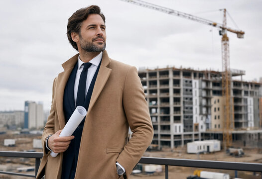 Handsome male property developer stands on a terrace, holding rolled blueprints, looking away over a bustling construction site featuring a rising concrete building and a large tower crane