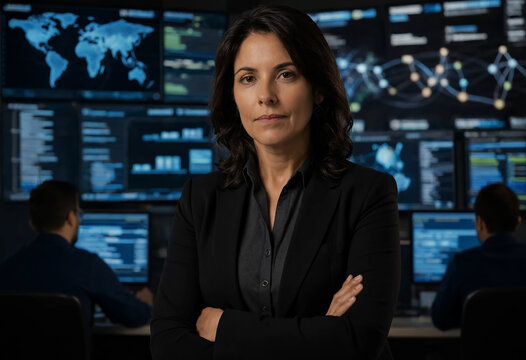 A serious female cybersecurity director poses with crossed arms in a dark network operations center. In the background, large digital screens display global maps, network nodes, and data metrics