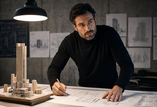 Architect leans over the drafting table, thinks on sketching blueprints. A detailed architectural model of a skyscraper sits nearby, with construction drawings pinned to his office wall