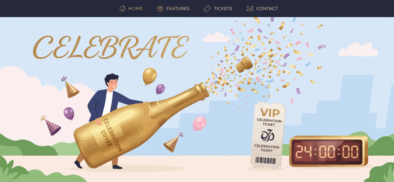 Modern event planning celebration landing page banner with man popping giant champagne bottle balloons and digital countdown clock