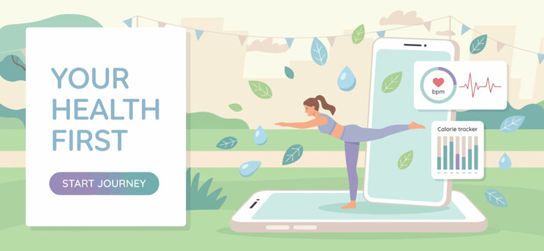 Health App Wellness Tracker Yoga Fitness Woman Exercise Life Data Heart Rate Calorie Mobile UI Plan