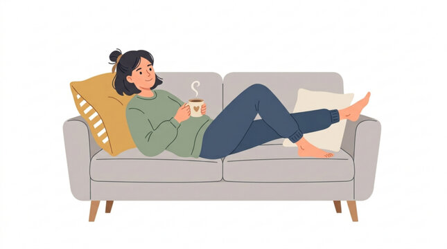 Woman relaxing on sofa with coffee with lying sofa cup illustration lifestyle leisure comfort vector peace home rest calm
