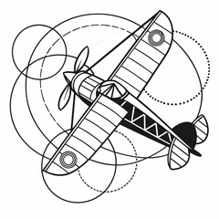 Vintage biplane aircraft graphic line art design with airplane aircraft aviation aeronautics © tania
