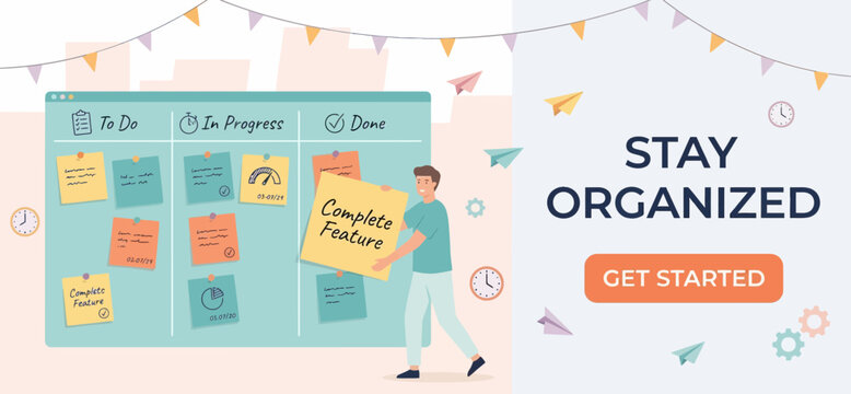 Agile Task Management Board Man Holding Sticky Note To Do In Progress Done Productivity Banner