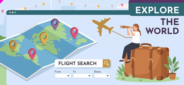 A girl sits on a case and looks at a map to book a flight now