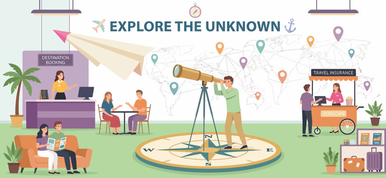 Trip agency tour booking people map world travel adventure vacation explore unknown destination journey holiday