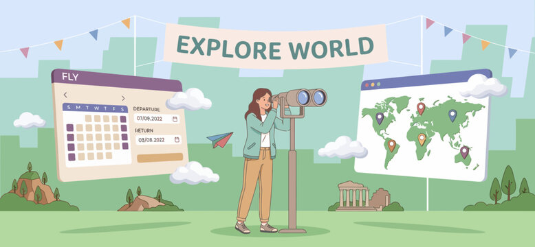 a girl looks to book a fly trip via a web map and hero banner