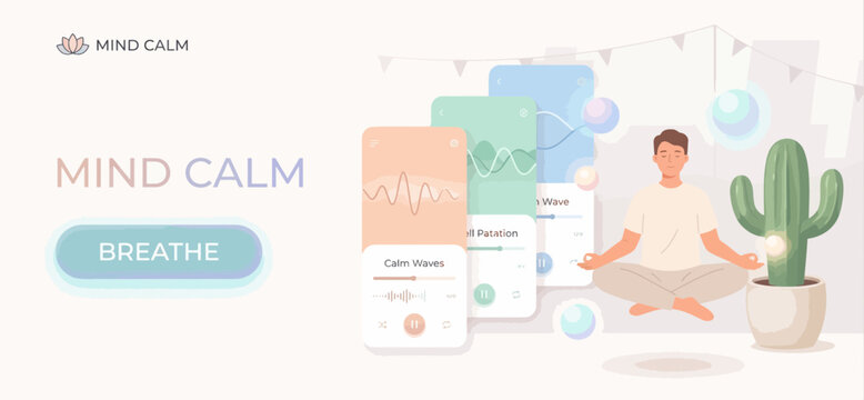 Mind Calm App UI Zen Yoga Man Health Soft Med Tech Wave Air Bio Fit Sun