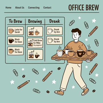 Man at work with mugs on a tray for a team by a coffee task board