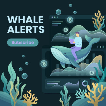 Crypto Whale Alert Dashboard Screen With Trader Riding Blue Whale Over Financial Market Trading Data Graphic