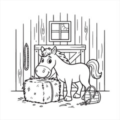 Cute cartoon horse eating hay in a wooden stable Vector © Tuhinnaaa_69