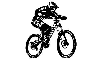 Obraz premium Mountain biker vector silhouette. Extreme downhill mtb rider illustration, black and white sports graphic element isolated on white background.