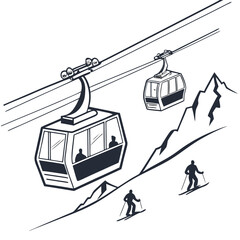 Ski lift gondola and skiers on snowy slopes of mountain range with mountain, recreation © tania
