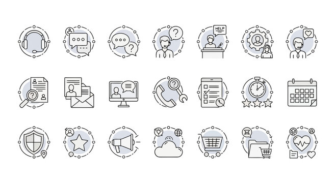 Customer service and support workflow icons with circular elements.