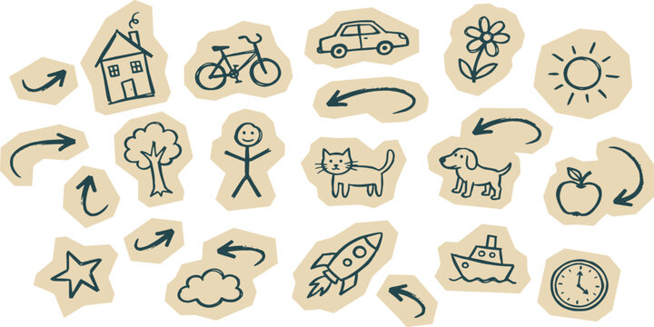 A collection of simple, hand-drawn icons representing various objects and concepts, including a house, car, animals, and nature elements.