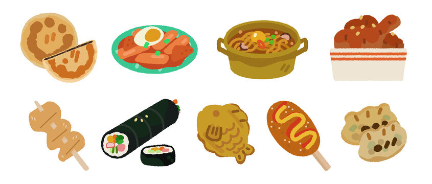 Korean Street Food Illustration Clipart Bundle with Kimbap, Tteokbokki, Fried Chicken, Bungeoppang and Traditional Snacks