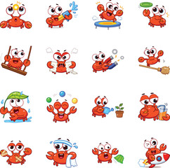 Fototapeta premium Playful crab icons featuring ideas, water fun, outdoor games, gardening, weather, magic, cleaning, space, food, and household activities in a flat vector style. 