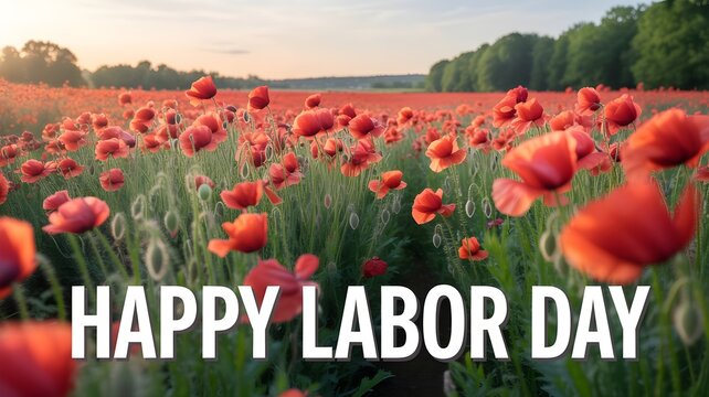 Civic holiday greeting vibrant poppy field with 'happy labor day' text
