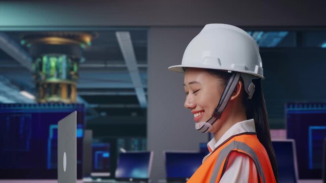 Side View of Asian Female Engineer Use Computer While Walking at Futuristic Quantum Computer Data Center Control Room