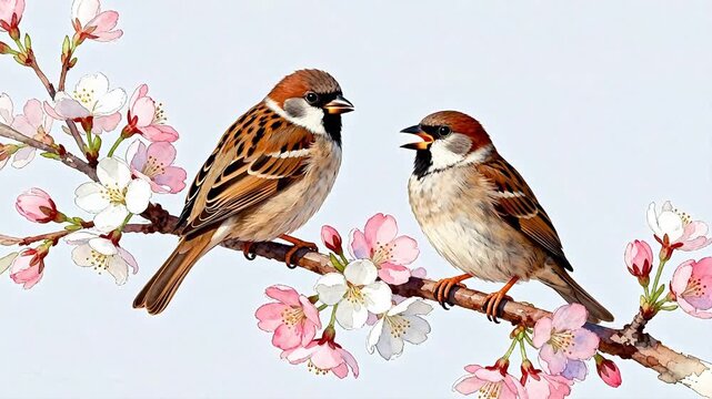 Two birds on a flowering branch