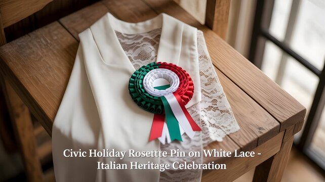 Civic holiday rosette pin on white lace for italian heritage celebration