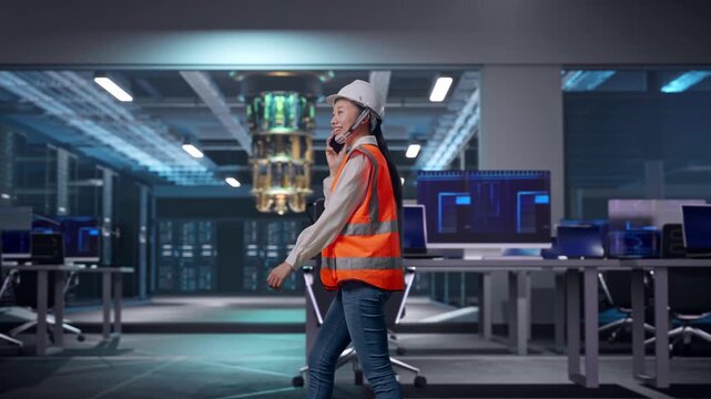 Side View of Asian Female Engineer Talking On Smartphone While Walking at Futuristic Quantum Computer Data Center Control Room