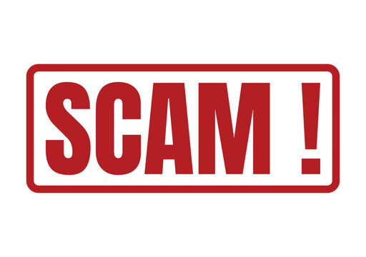 A red warning stamp with bold text saying scam featuring an exclamation mark for alert