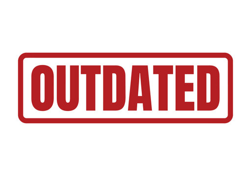 Red rectangular rubber ink stamp with the word outdated inside a bold border design