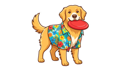 Golden retriever dog wearing Hawaiian shirt holding frisbee © Clip Artz