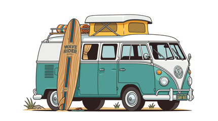Teal and white retro van with surfboard parked © Clip Artz