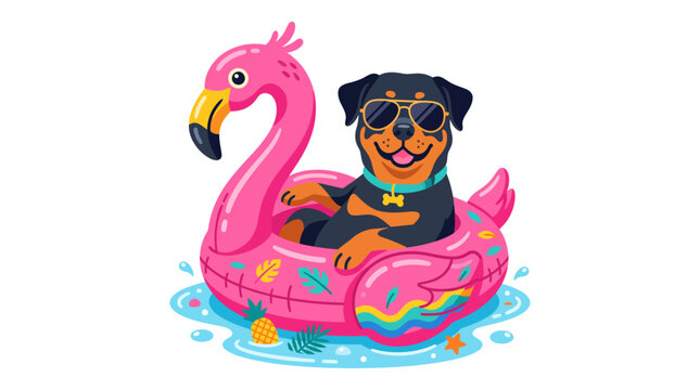 Rottweiler dog wearing sunglasses on pink flamingo float