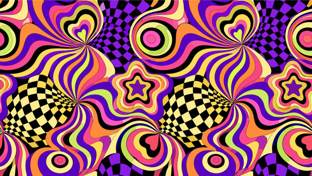 Psychedelic 70s Retro Seamless Pattern with Swirling Hearts Stars and Optical Checkerboard Illusion in Purple Pink Orange Yellow Vector Illustration