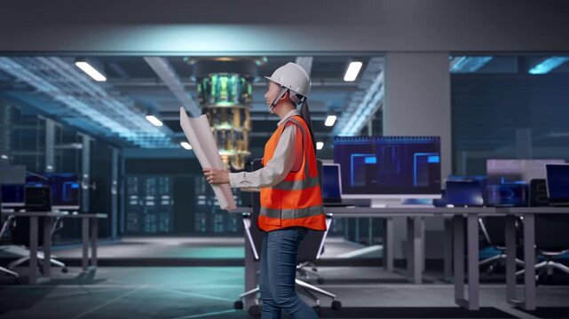 Side View of Asian Female Engineer Looking At Blueprint In His Hands While Walking at Futuristic Quantum Computer Data Center Control Room