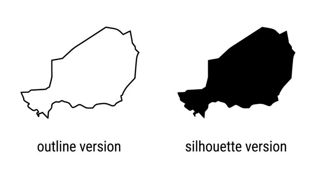 Niger Map Outline and Silhouette: A clear depiction of the African nation of Niger, presented in both an outline and silhouette format, ideal for geographical references and presentations.