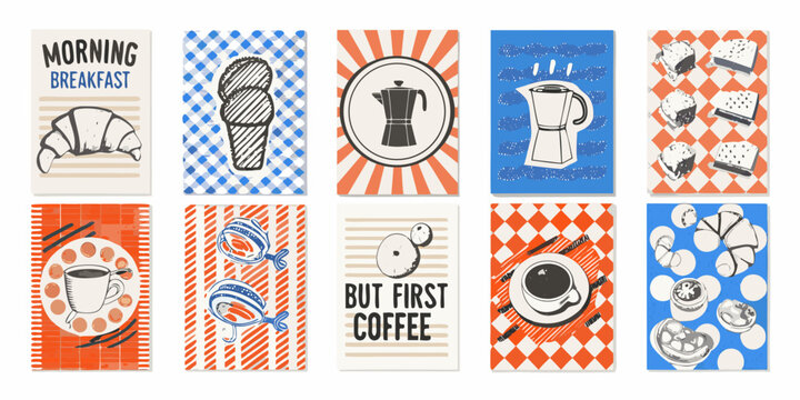 collection of ten retro style breakfast and coffee banners vector banner croissant muffin espresso cup pattern stripes dots checkered morning