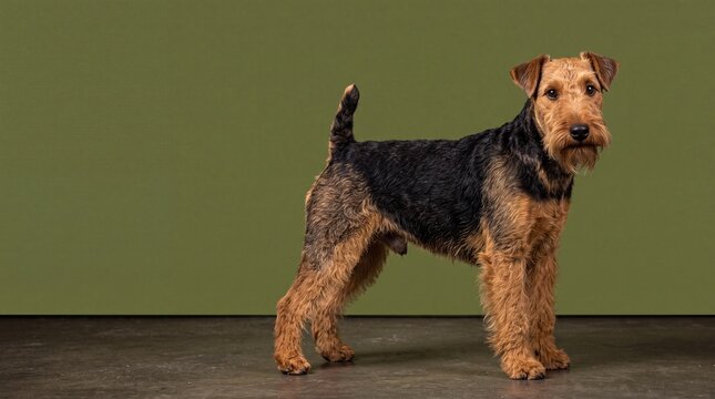 Purebred Airedale Terrier dog standing in profile looking at camera on green background