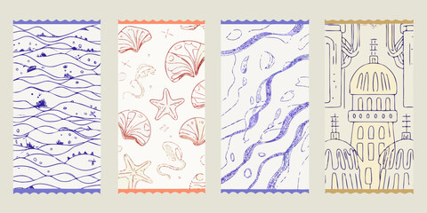 four vertical banners with ocean themed patterns in line art style sea life waves shells starfish octopus banner design marine © Apurba