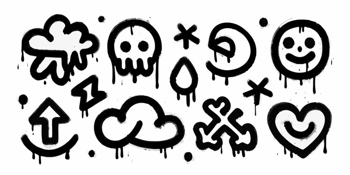 graffiti doodles in edgy black and white style on transparent background skull smiley heart cloud arrow star circle vector illustration
