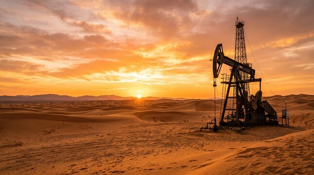 Silhouette of an industrial oil pumpjack operating in a vast sandy desert landscape during a powerful golden sunset with dramatic clouds.