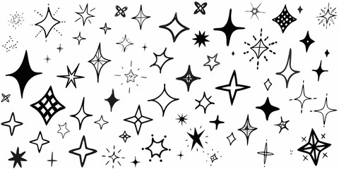 extensive collection of hand drawn sketchy stars black and white star shapes vector pattern astronomy cosmic celestial space drawing illustration © Apurba