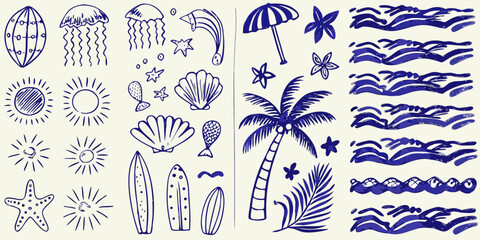 hand drawn blue summer beach doodles on white background jellyfish seashell starfish palm tree surfboard umbrella waves sun fish sketch © Apurba