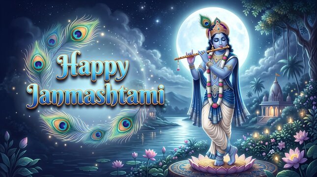 Krishna Playing Flute Under Moonlight &ndash; Happy Janmashtami 3D HD Wallpaper Background