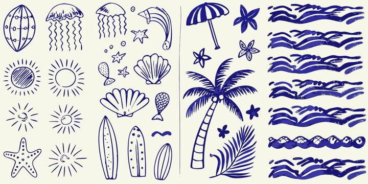 hand drawn blue summer beach doodles on white background jellyfish seashell starfish palm tree surfboard umbrella waves sun fish sketch