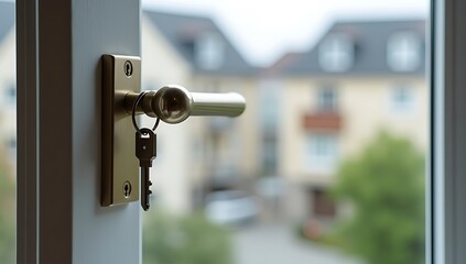 Naklejka premium Open Door with Keys Hanging on the Handle and Blurred House Background.
