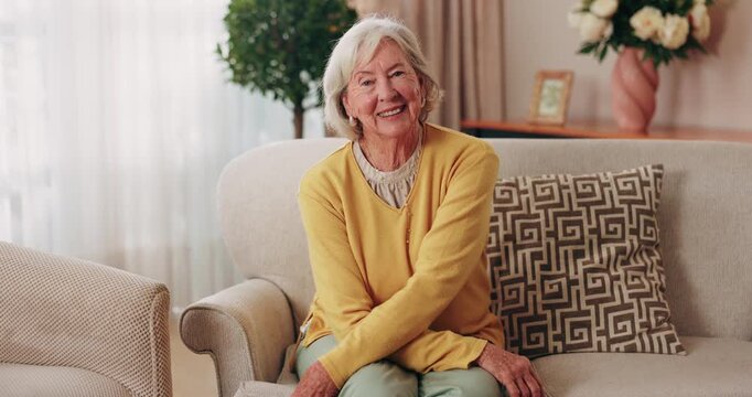 Wellness, face or senior woman in home with day off, positive attitude or optimistic for weekend break. Wellbeing, portrait or elderly person with good mood, comfort or happy moment in retirement